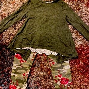 Crochet Accented Sweater with Green Floral leggings